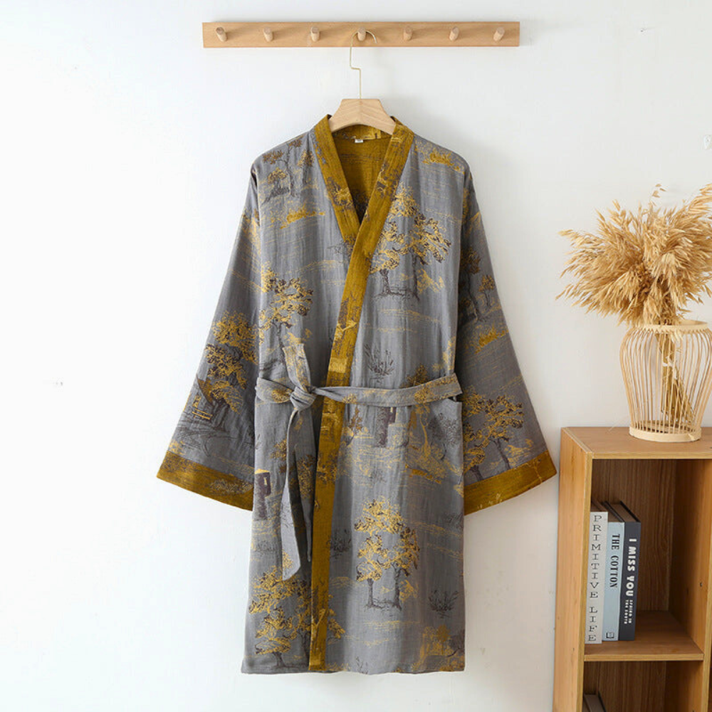 Peignoir kimono mixte en coton, manches larges, ceinture, gris et jaune moutarde