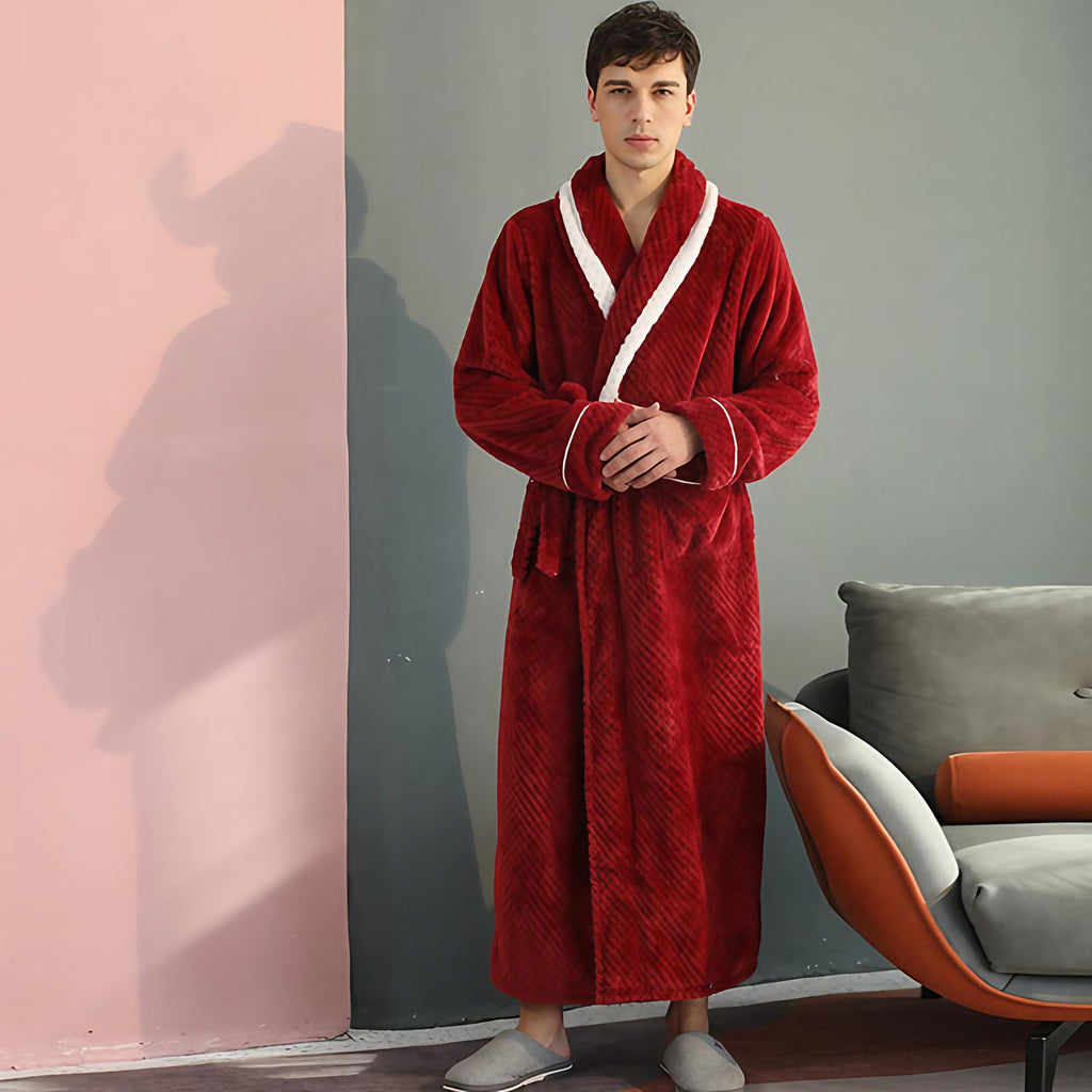 Peignoir en molleton épais unisexe, ceinture et deux poches, rouge