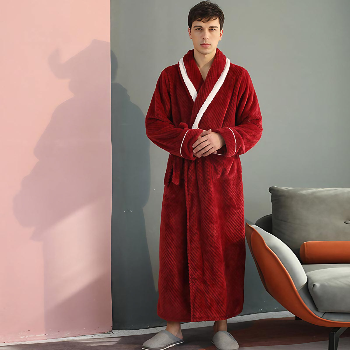 Peignoir en molleton épais unisexe, ceinture et deux poches, rouge