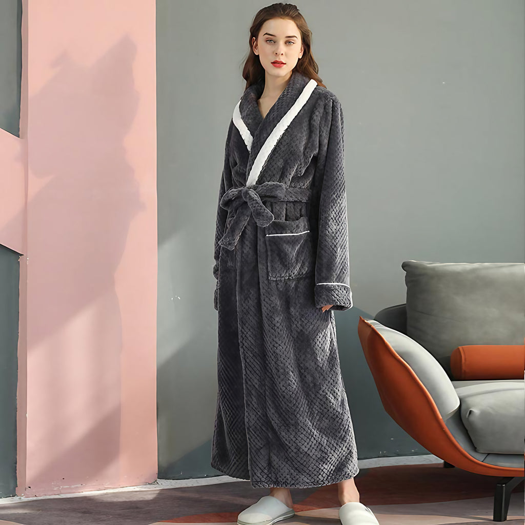 Peignoir en molleton épais unisexe, ceinture et deux poches, gris