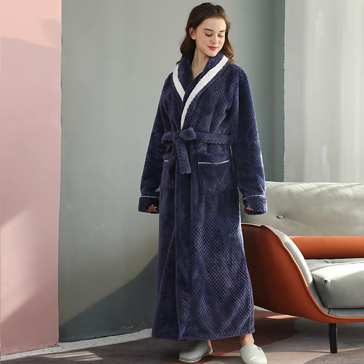 Peignoir en molleton épais unisexe, ceinture et deux poches, bleu marine