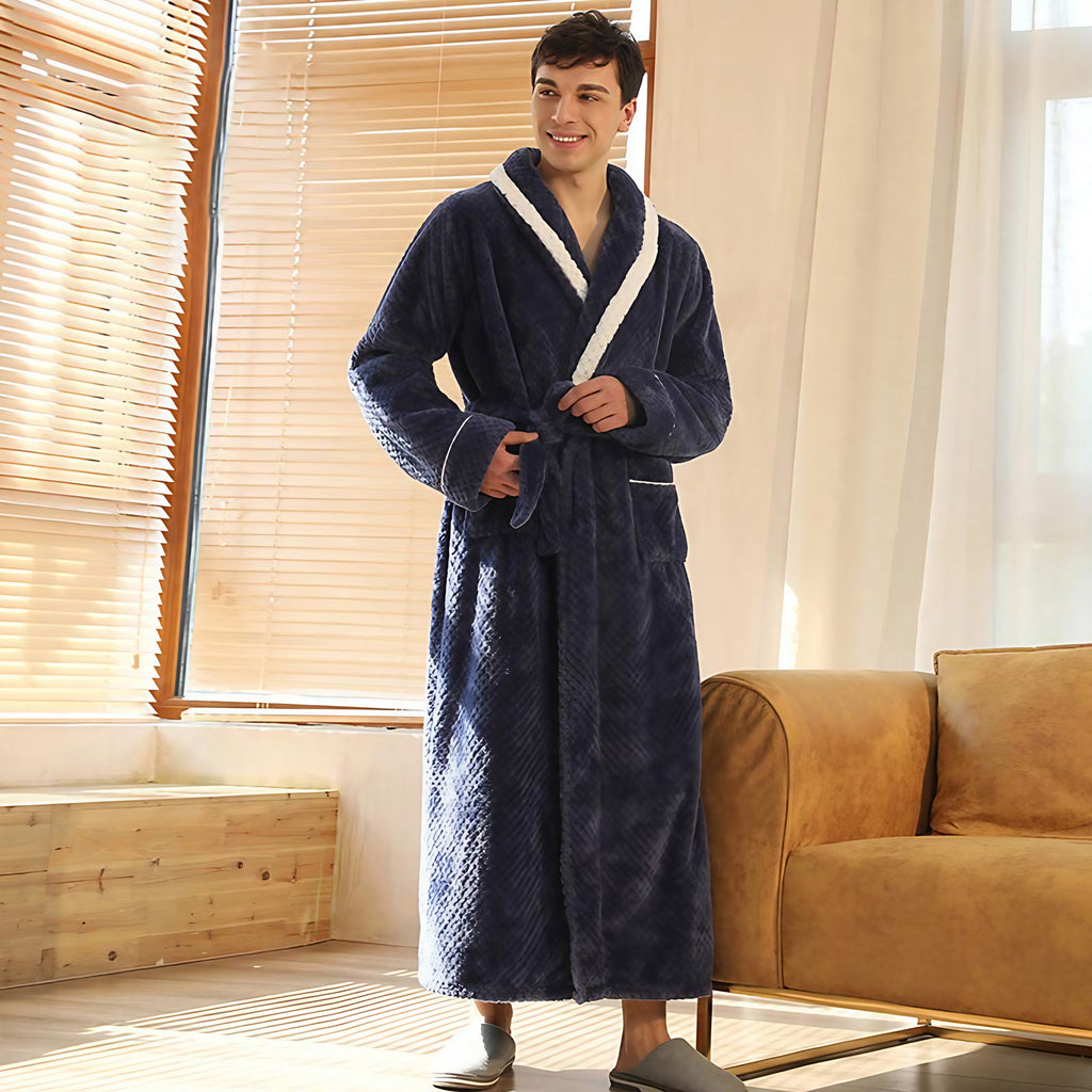 Peignoir en molleton épais unisexe, ceinture et deux poches, bleu marine