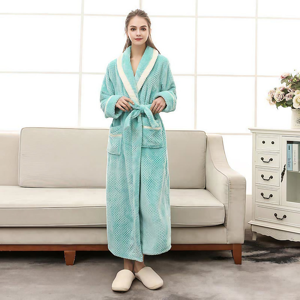 Peignoir en molleton épais unisexe, ceinture et deux poches, menthe