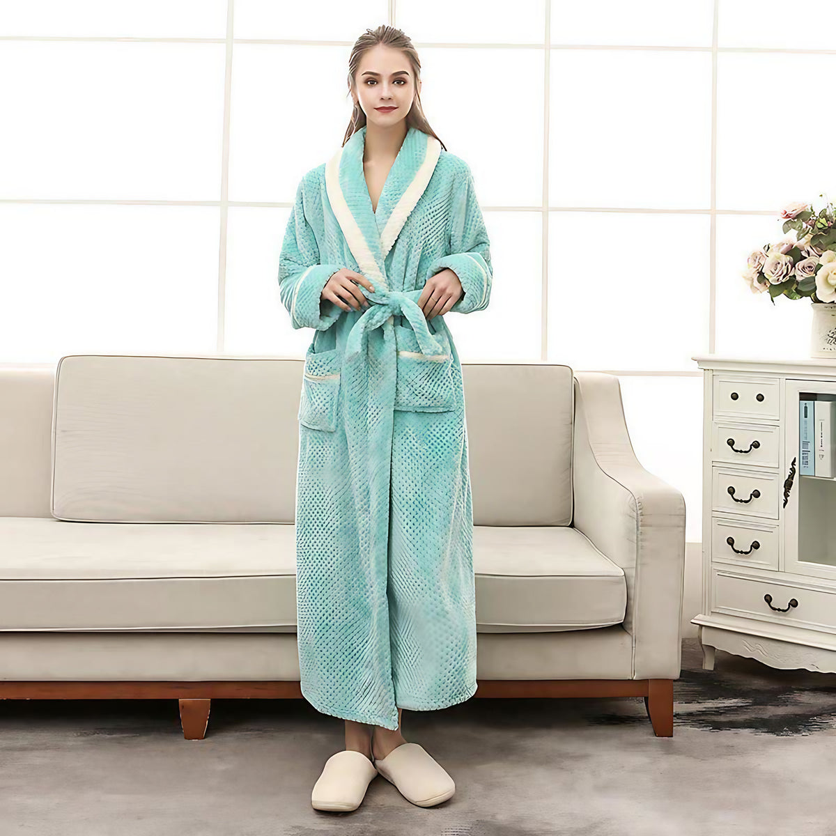 Peignoir en molleton épais unisexe, ceinture et deux poches, menthe