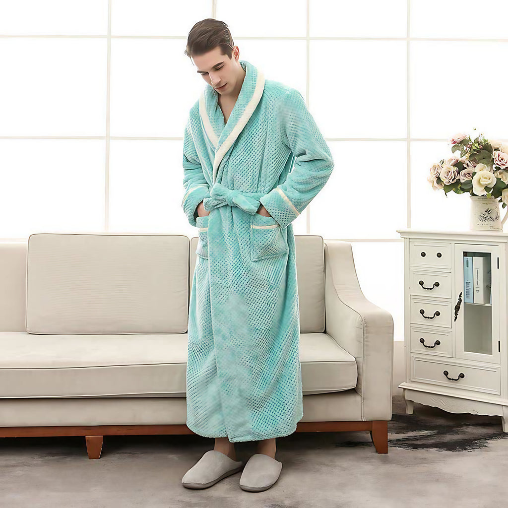 Peignoir en molleton épais unisexe, ceinture et deux poches, menthe