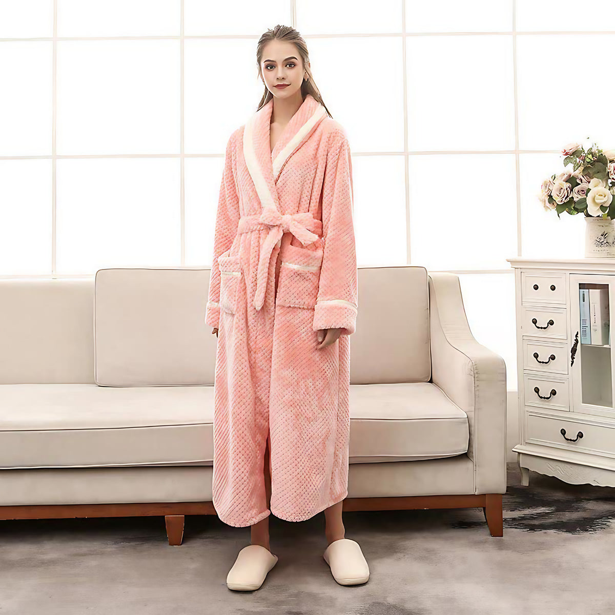 Peignoir en molleton épais unisexe, ceinture et deux poches, rose orangé