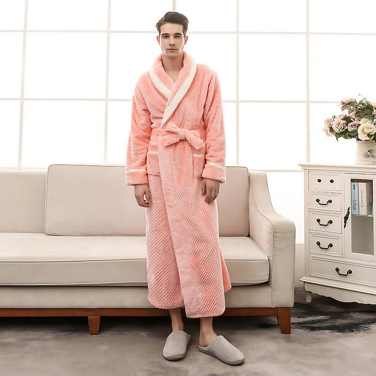 Peignoir en molleton épais unisexe, ceinture et deux poches, rose orangé
