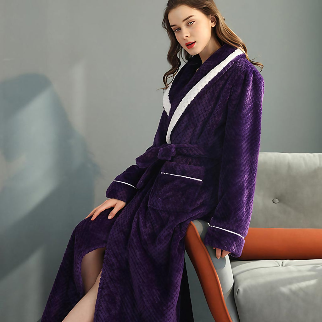 Peignoir en molleton épais unisexe, ceinture et deux poches, violet