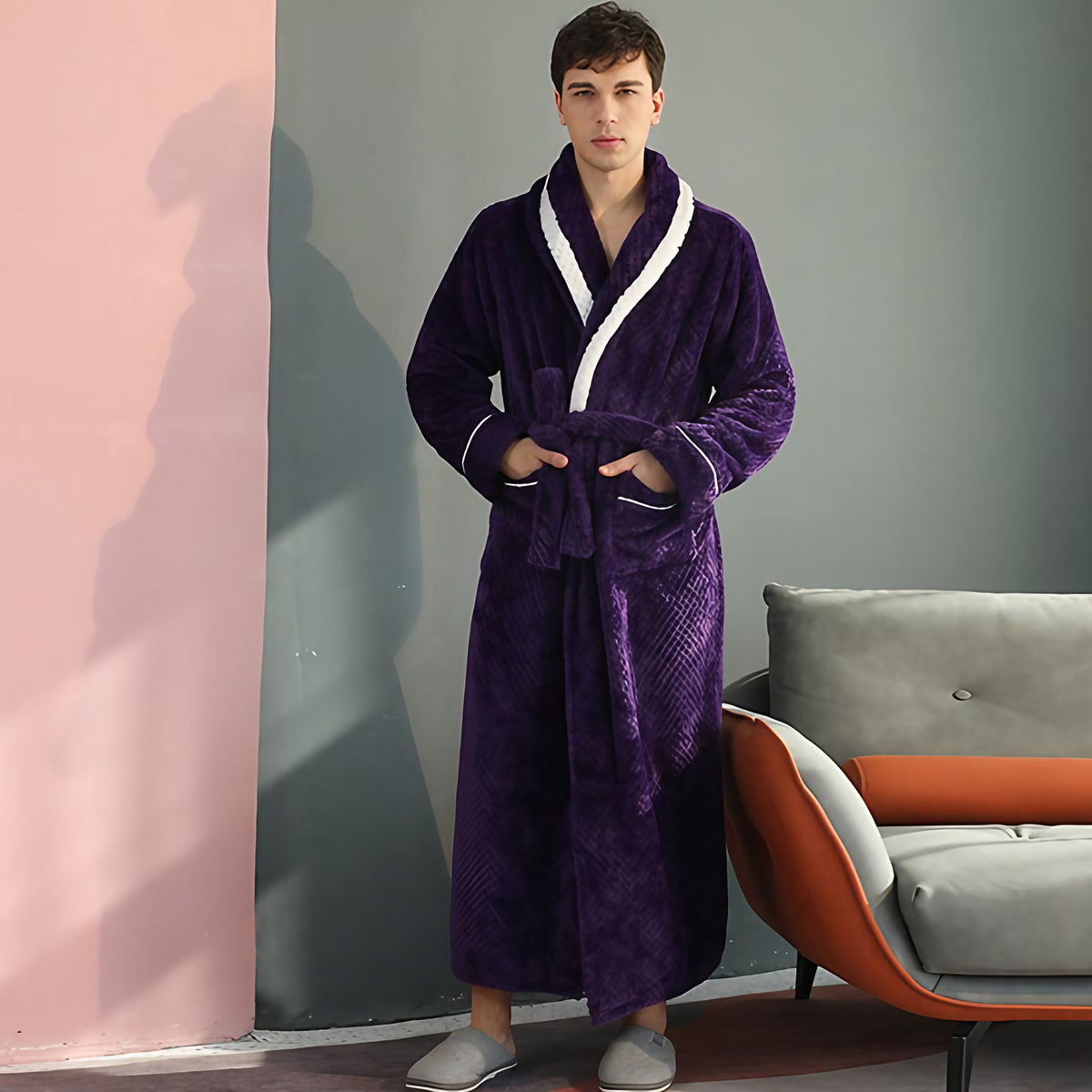 Peignoir en molleton épais unisexe, ceinture et deux poches, violet