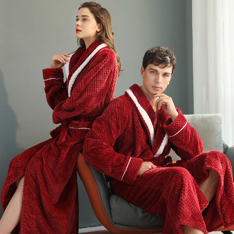 Peignoir en molleton épais unisexe, ceinture et deux poches