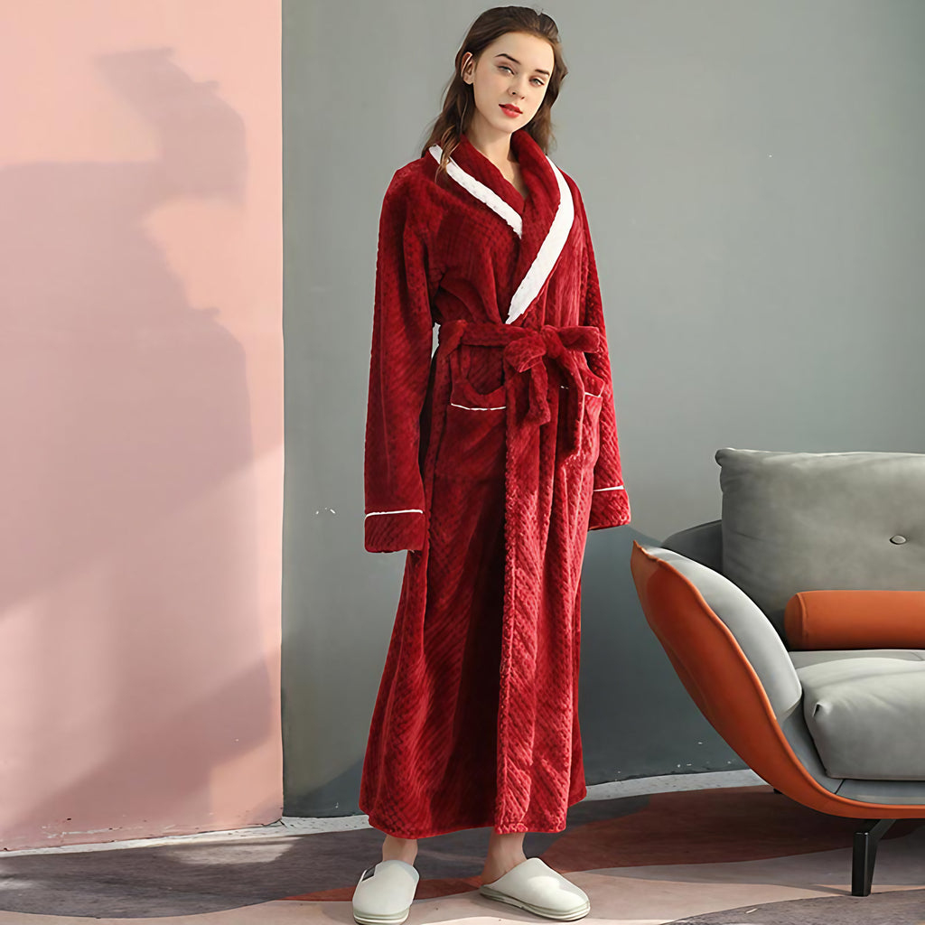 Peignoir en molleton épais unisexe, ceinture et deux poches, rouge