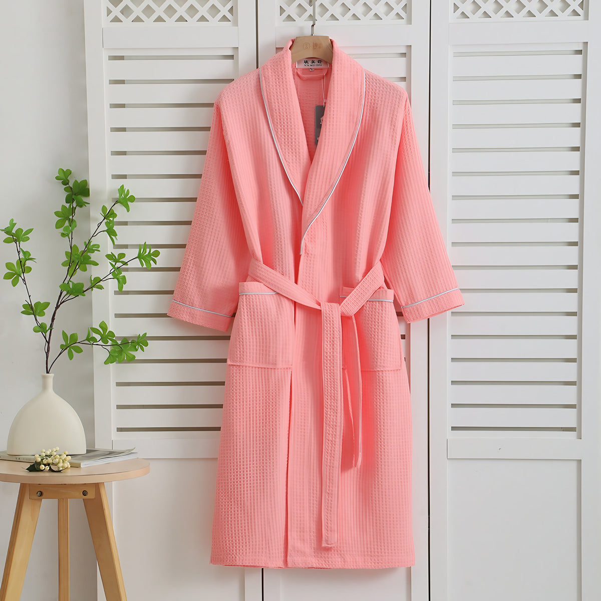 Peignoir mixte en coton nid d'abeille, manches longues, ceinture, rose