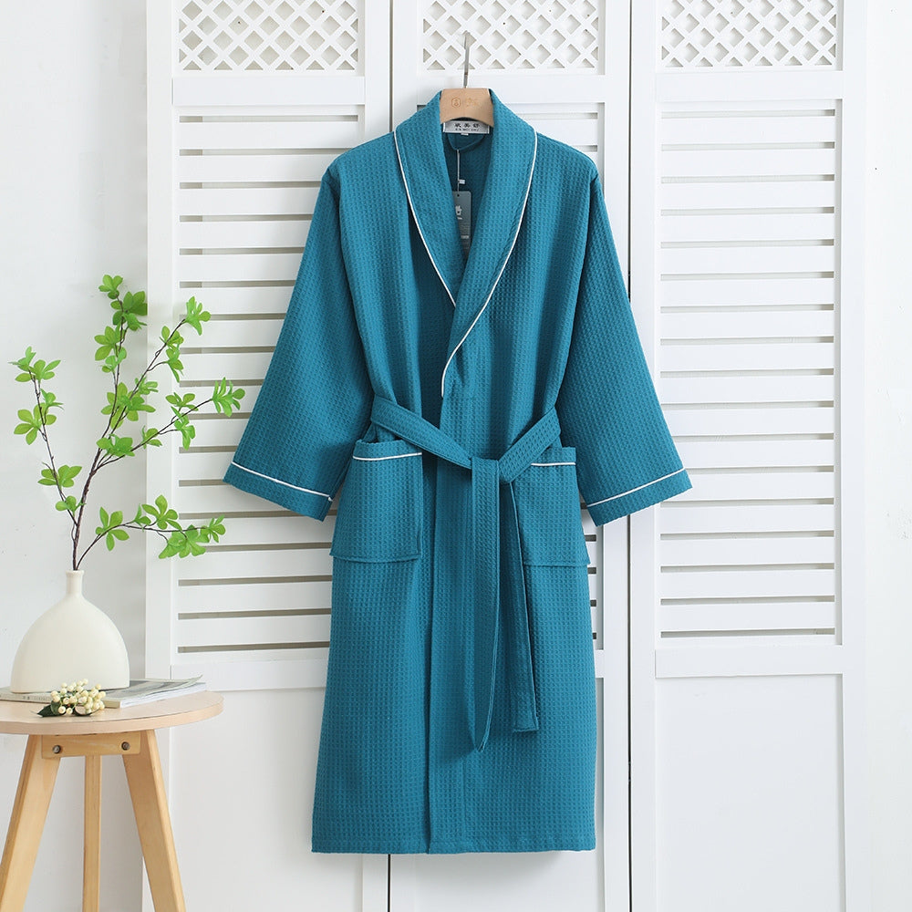 Peignoir mixte en coton nid d'abeille, manches longues, ceinture, turquoise