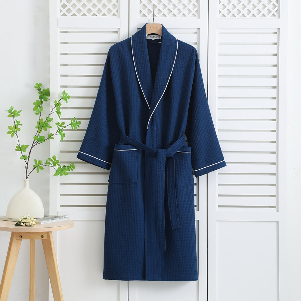 Peignoir mixte en coton nid d'abeille, manches longues, ceinture, bleu marine