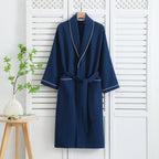 Peignoir mixte en coton nid d'abeille, manches longues, ceinture, bleu marine