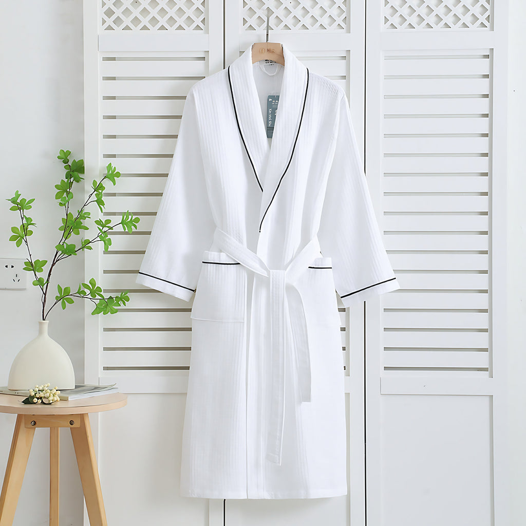 Peignoir mixte en coton nid d'abeille, manches longues, ceinture, blanc