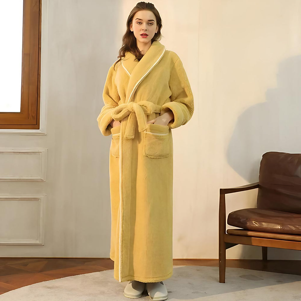 Peignoir sherpa col châle, pour femme et homme, avec ceinture, jaune