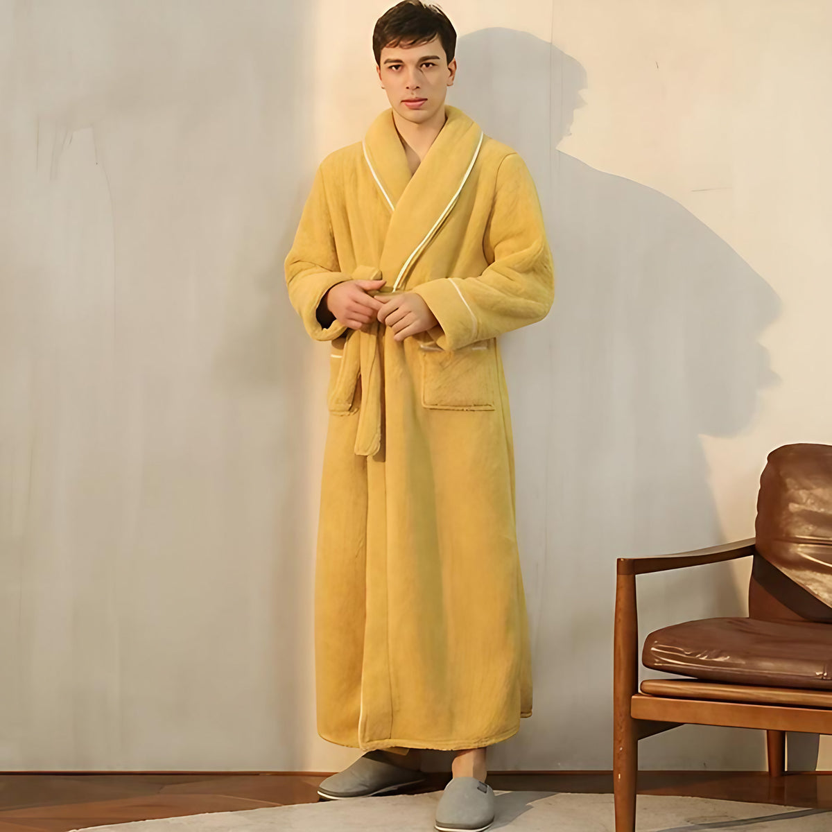 Peignoir sherpa col châle, pour femme et homme, avec ceinture, jaune
