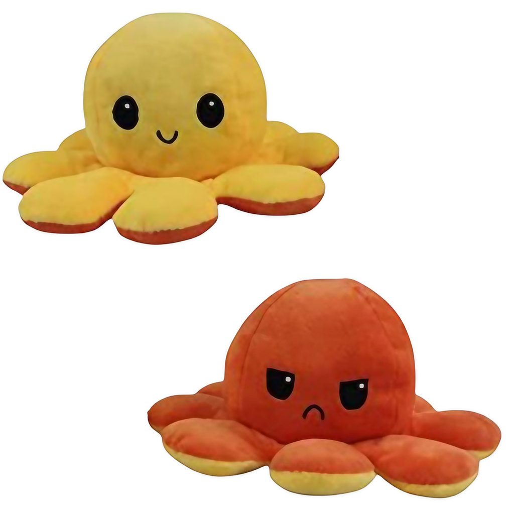 Peluche pieuvre réversible à deux humeurs, 20 cm, dix coloris, orange et jaune