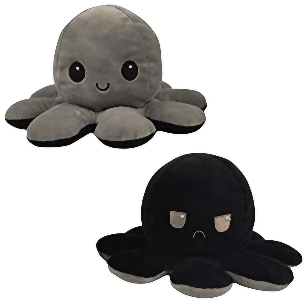 Peluche pieuvre réversible à deux humeurs, 20 cm, dix coloris, gris et noir