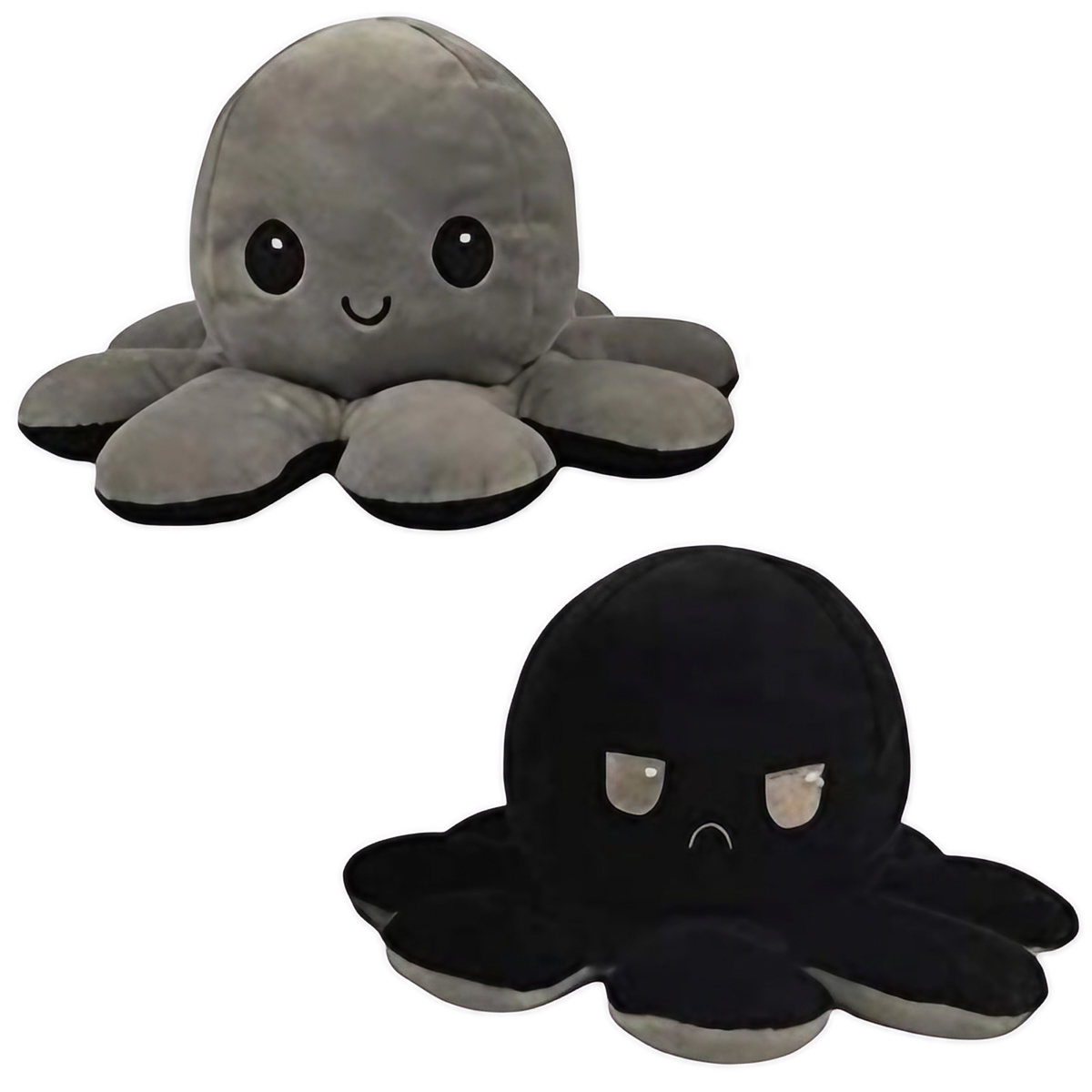 Peluche pieuvre réversible à deux humeurs, 20 cm, dix coloris, gris et noir