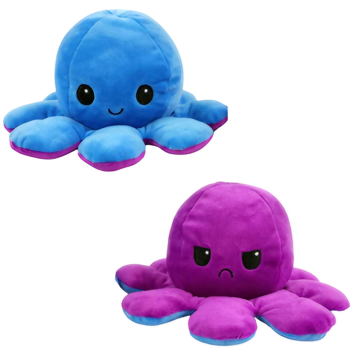 Peluche pieuvre réversible à deux humeurs, 20 cm, dix coloris, violet et bleu