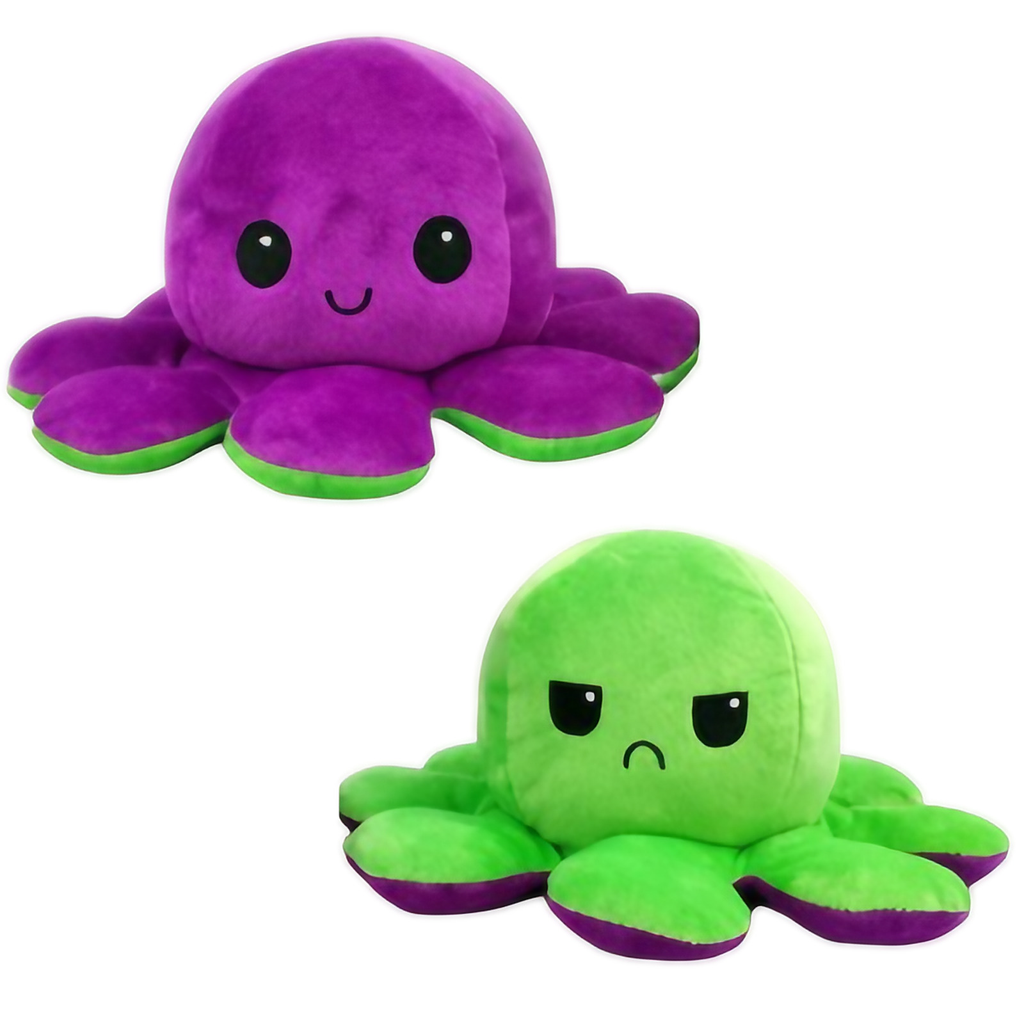 Peluche pieuvre réversible à deux humeurs, 20 cm, dix coloris, vert et violet