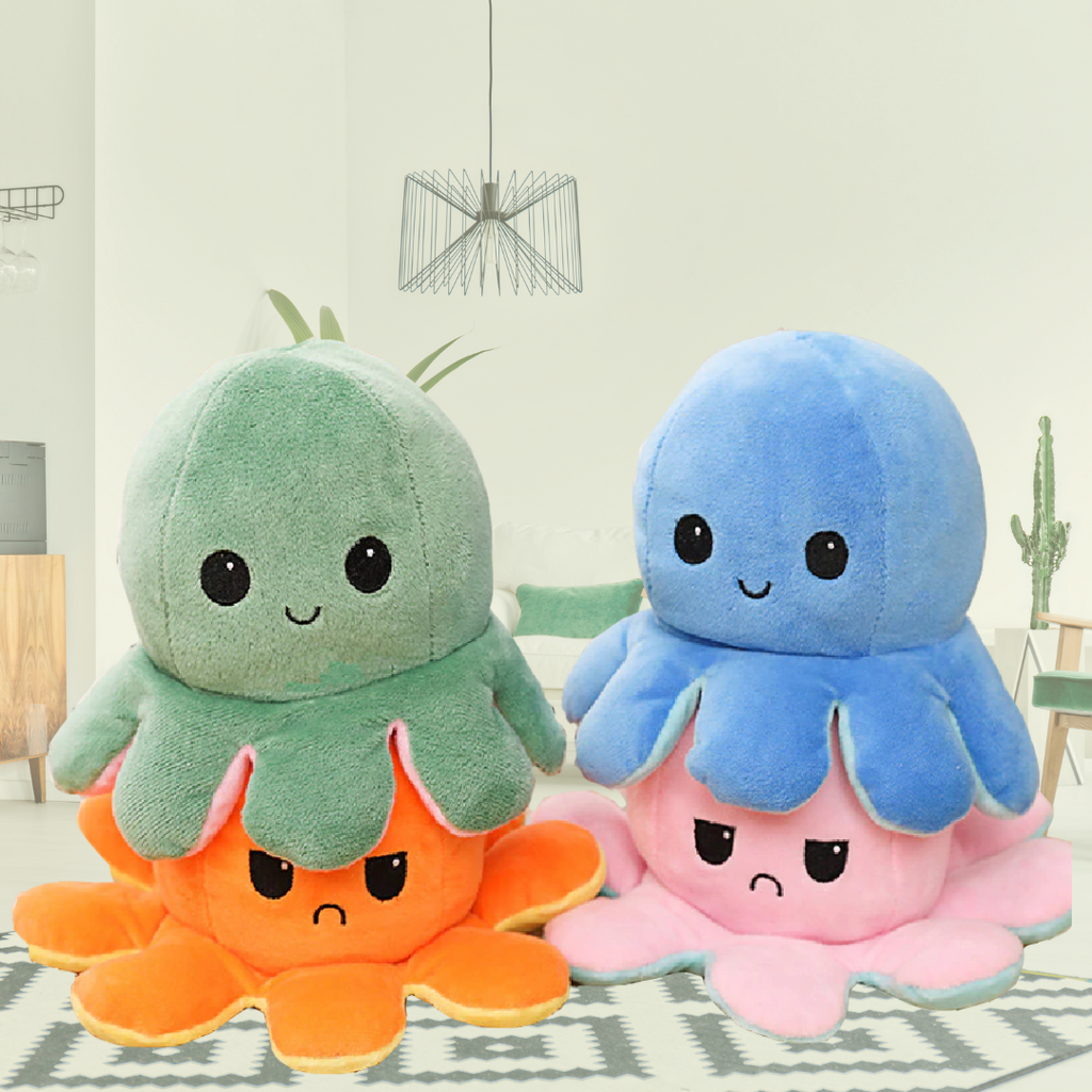 Peluche pieuvre réversible à deux humeurs, 20 cm, dix coloris