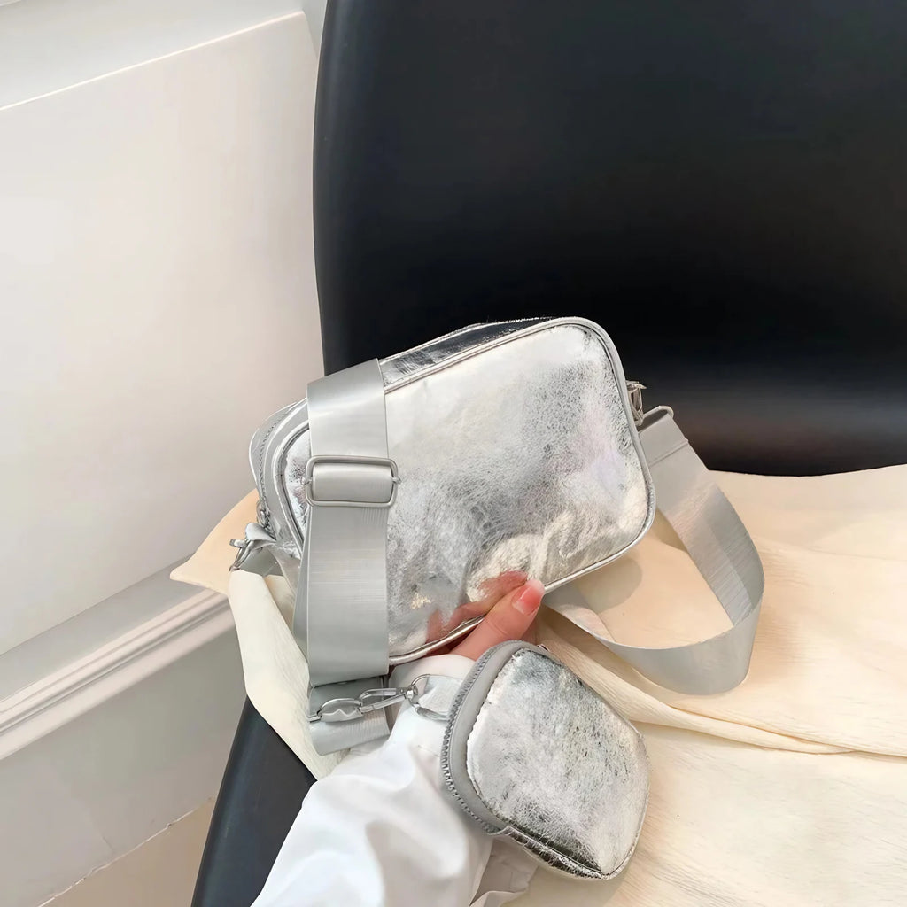 Mini sac bandoulière carré argenté avec pochette attachée, argenté