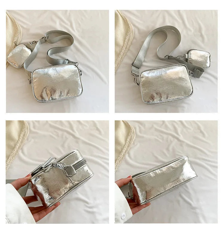 Mini sac bandoulière carré argenté avec pochette attachée
