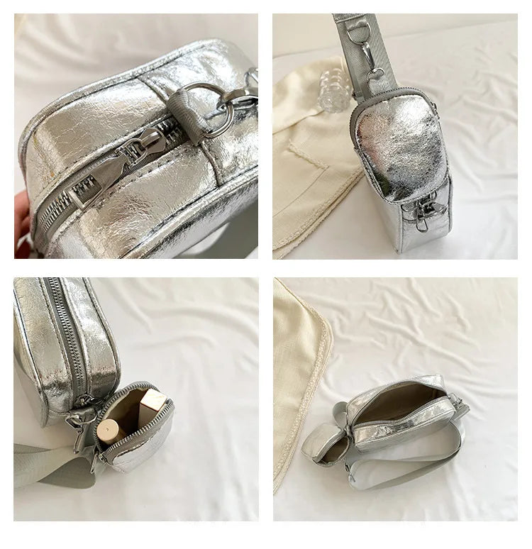 Mini sac bandoulière carré argenté avec pochette attachée