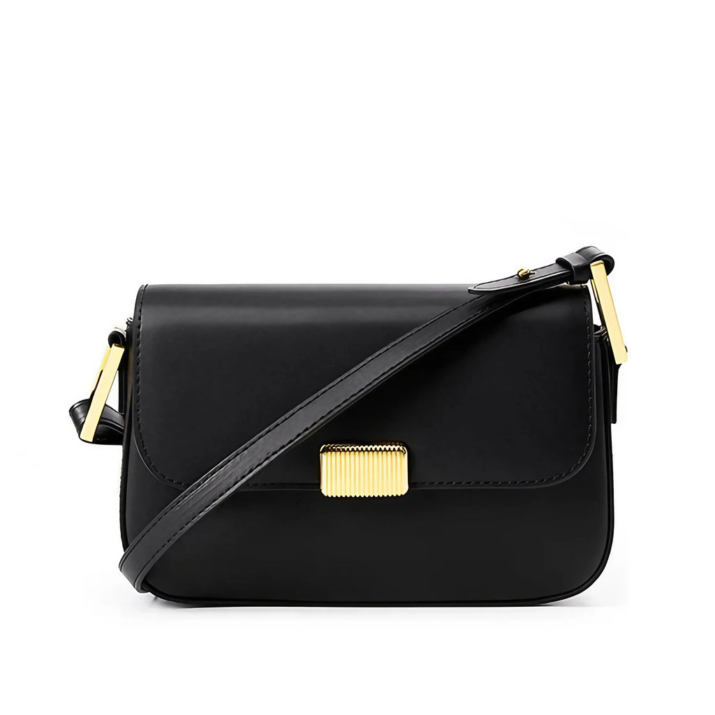 Sac à rabat femme à deux sangles, pièce dorée, 20 x 14 cm, noir
