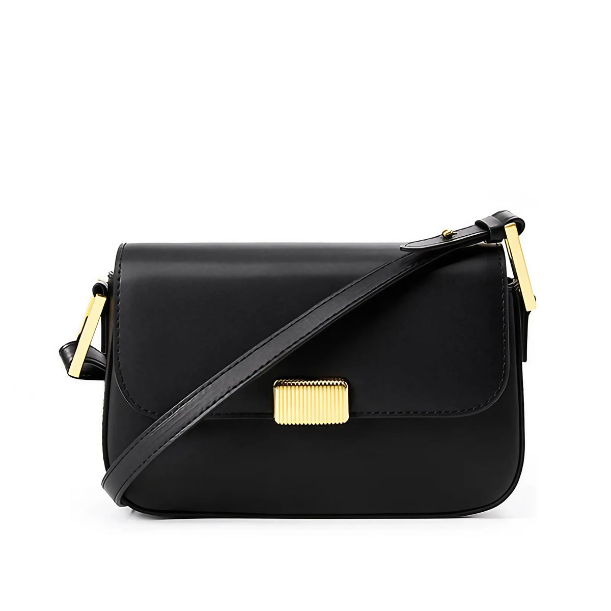 Sac à rabat femme à deux sangles, pièce dorée, 20 x 14 cm, noir