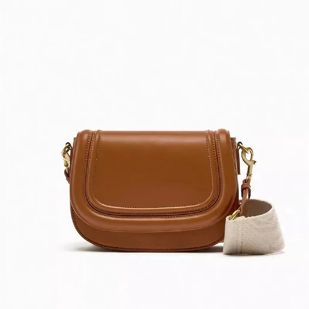 Petit sac besace femme à rabat surpiqué, deux sangles, camel