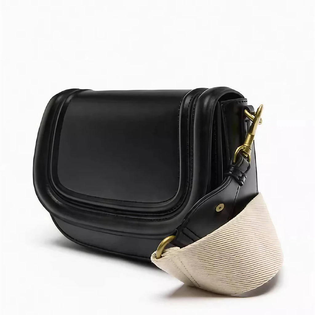 Petit sac besace femme à rabat surpiqué, deux sangles, noir