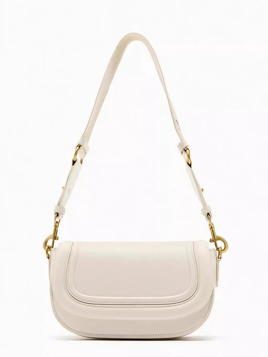 Petit sac besace femme à rabat surpiqué, deux sangles, crème