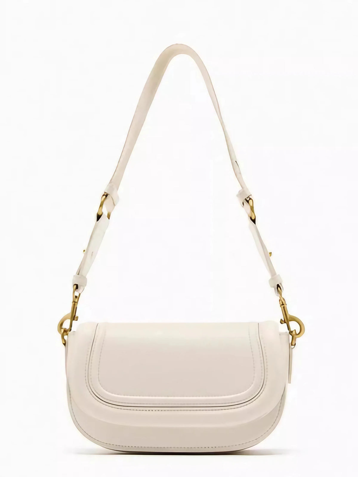 Petit sac besace femme à rabat surpiqué, deux sangles, crème