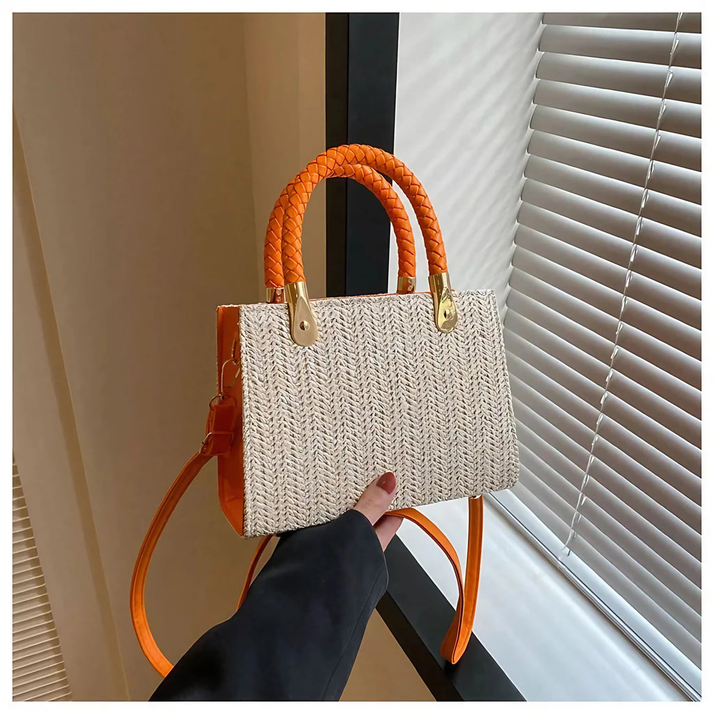 Petit sac en paille tressée femme, bandoulière amovible, orange