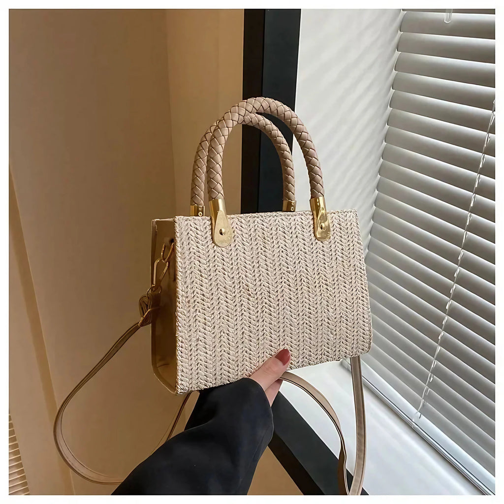 Petit sac en paille tressée femme, bandoulière amovible, taupe