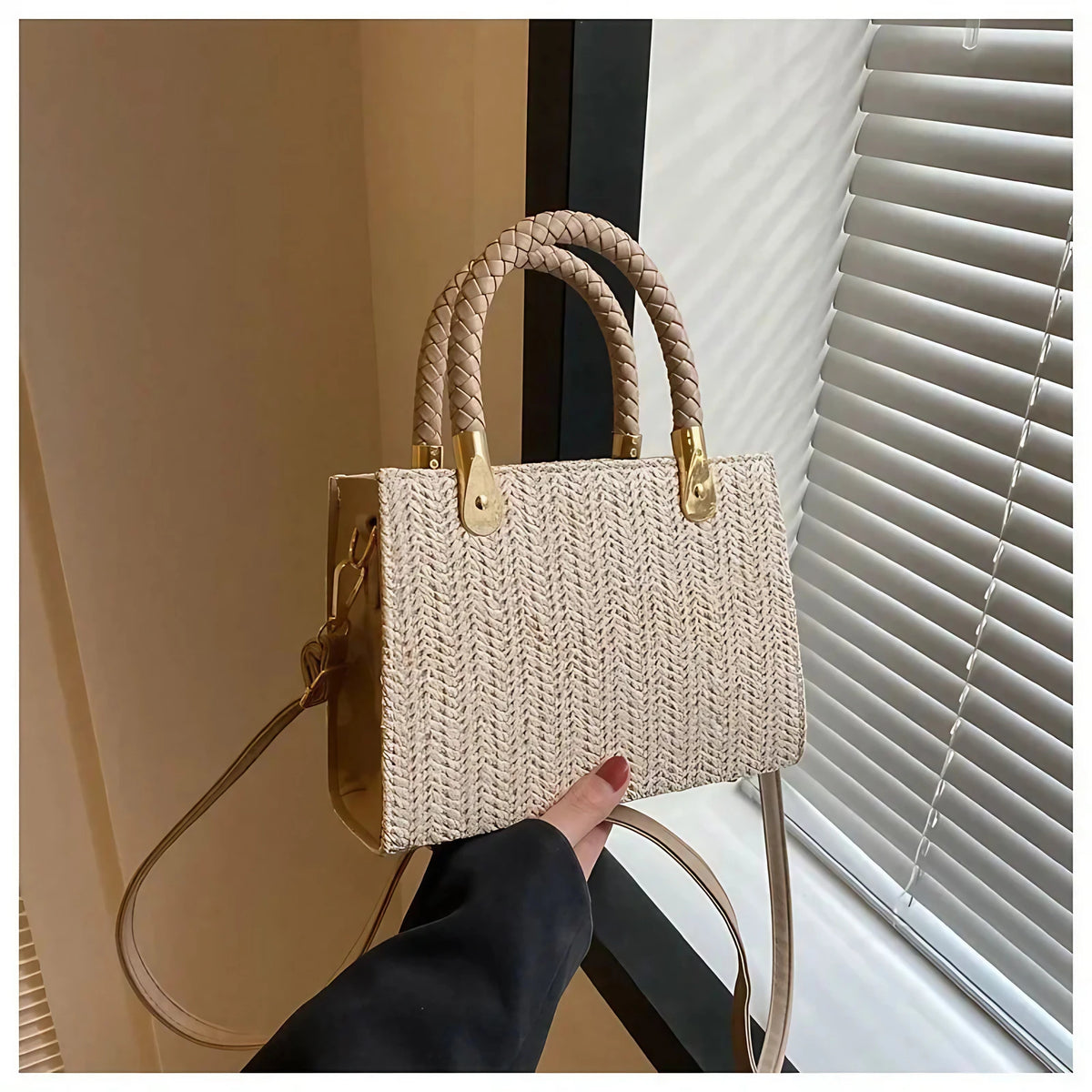 Petit sac en paille tressée femme, bandoulière amovible, taupe
