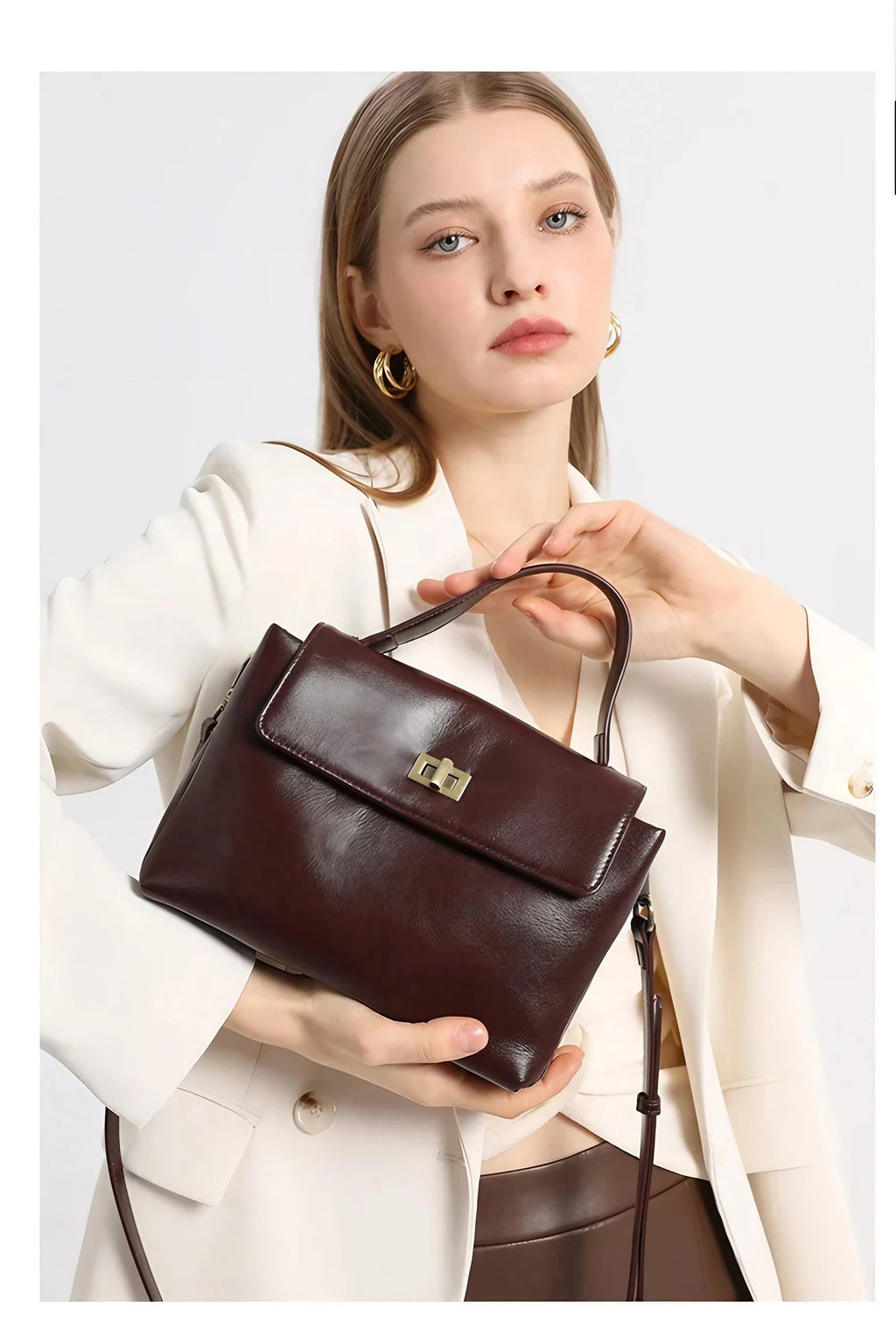 Petit sac cabas femme à rabat et loquet métal, en similicuir