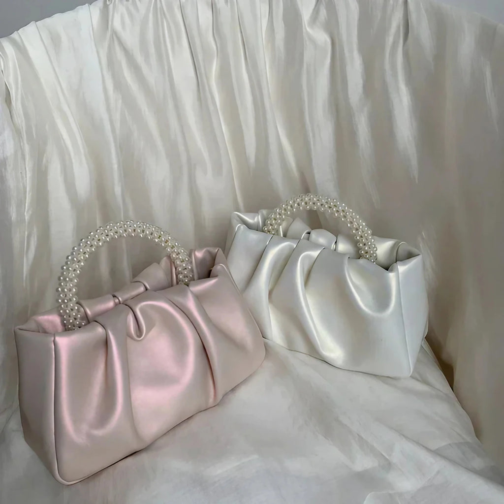 Sac de soirée femme plissé, poignée ornée de perles, 20 x 10 cm