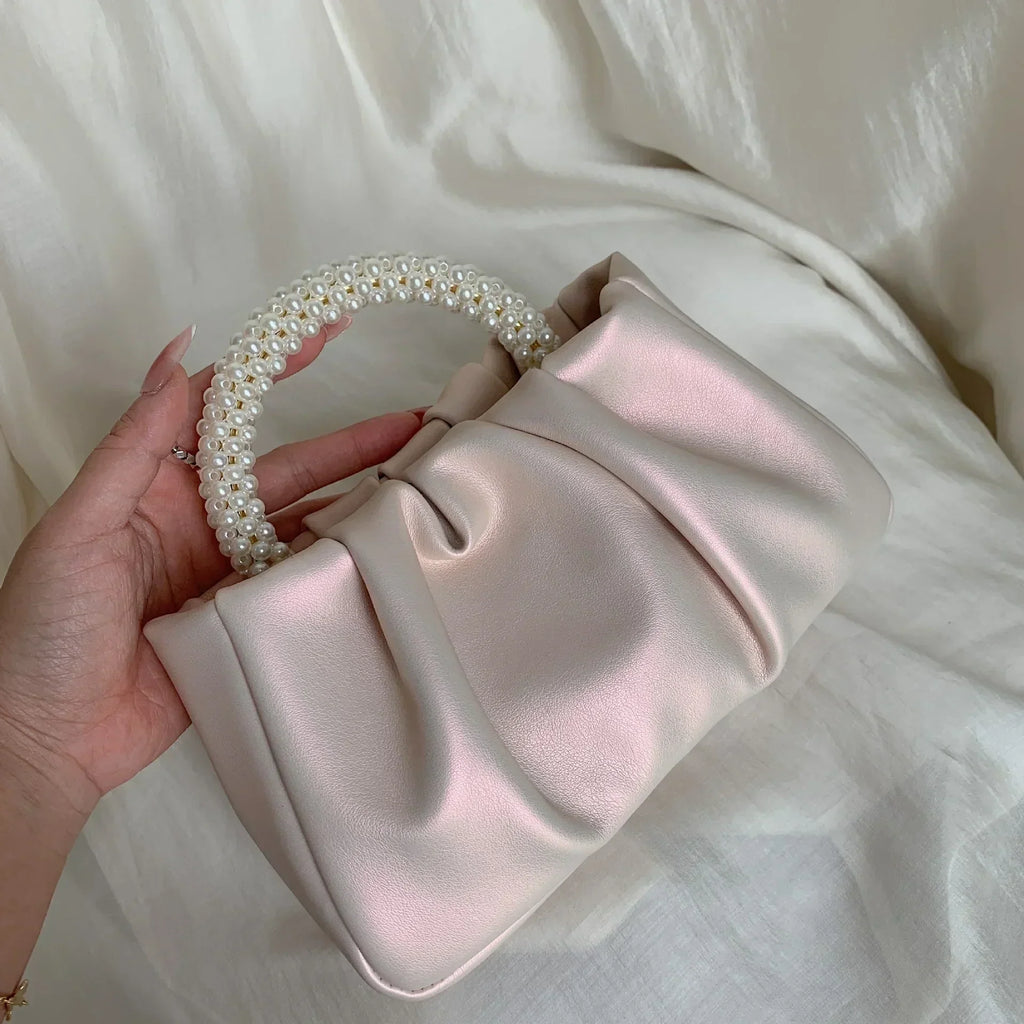 Sac de soirée femme plissé, poignée ornée de perles, 20 x 10 cm, rosé