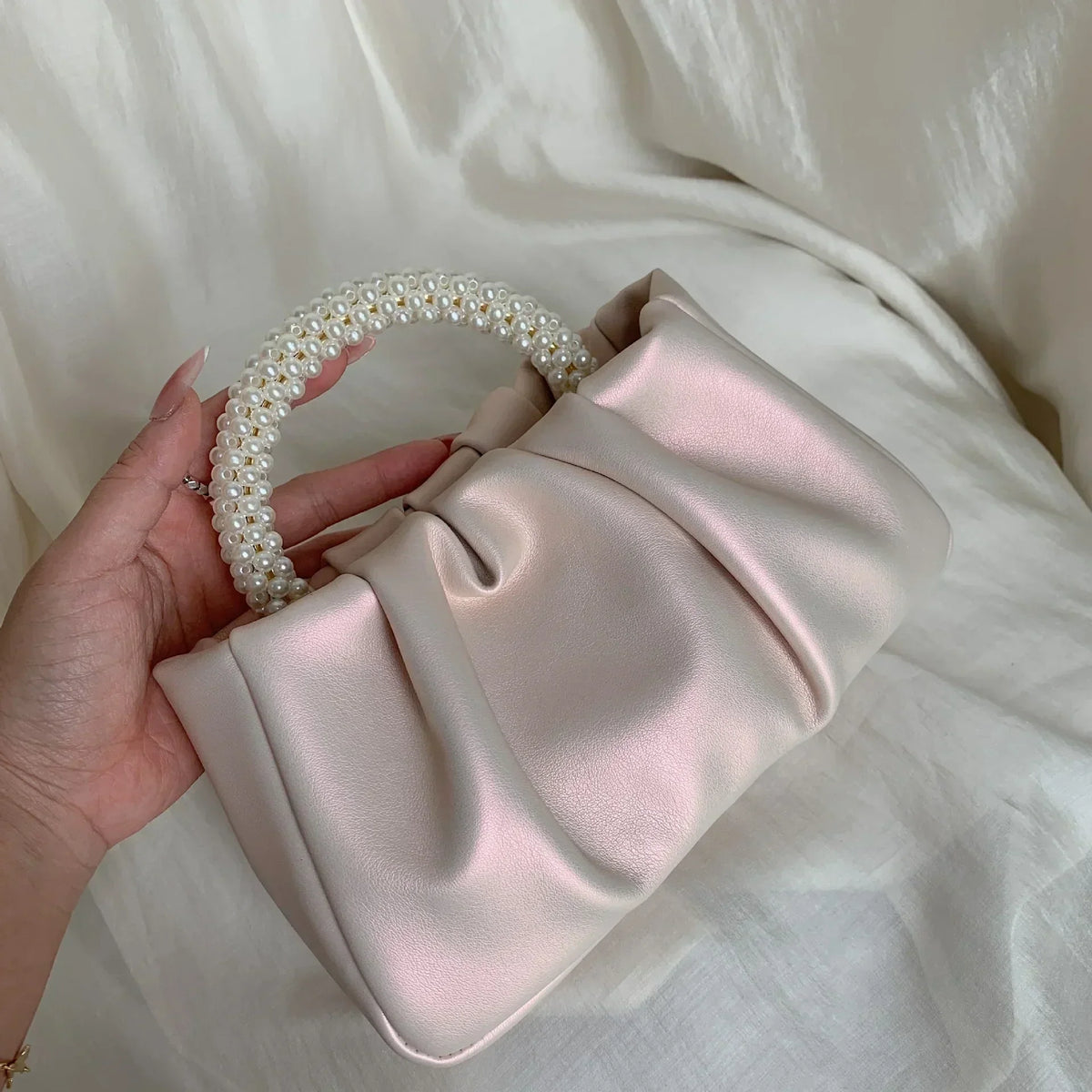Sac de soirée femme plissé, poignée ornée de perles, 20 x 10 cm, rosé