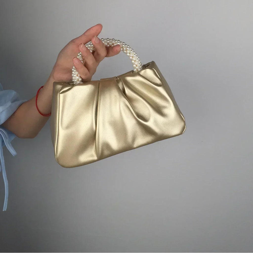 Sac de soirée femme plissé, poignée ornée de perles, 20 x 10 cm, doré