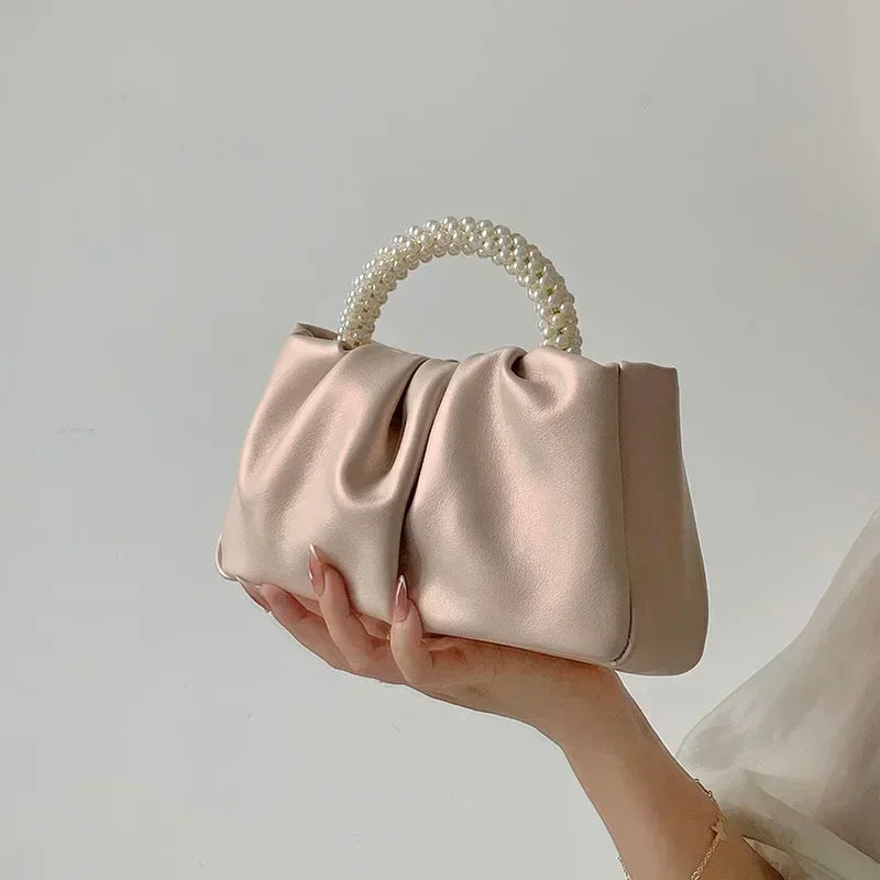 Sac de soirée femme plissé, poignée ornée de perles, 20 x 10 cm