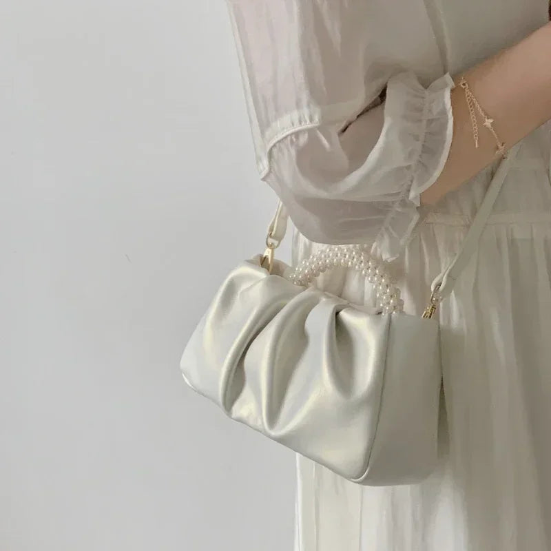 Sac de soirée femme plissé, poignée ornée de perles, 20 x 10 cm