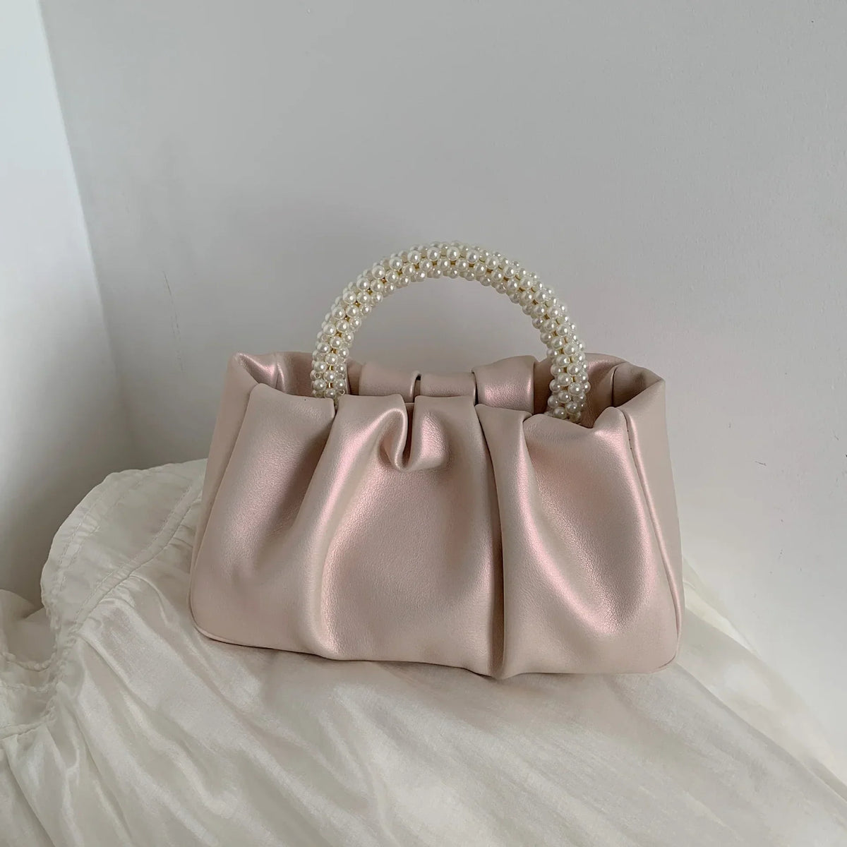 Sac de soirée femme plissé, poignée ornée de perles, 20 x 10 cm