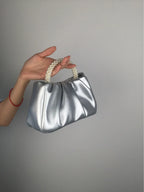 Sac de soirée femme plissé, poignée ornée de perles, 20 x 10 cm