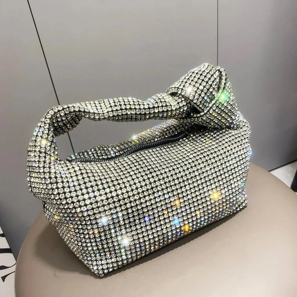 Petit sac de soirée femme à strass, anse à nœud